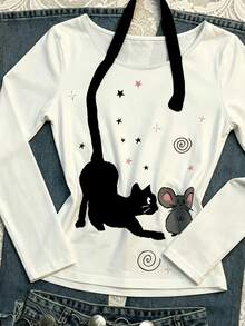 IslaSuriya Women's Cartoon Cat Print Long Sleeve Casual Top - White - View 4
