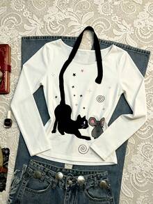 IslaSuriya Women's Cartoon Cat Print Long Sleeve Casual Top - White - View 3