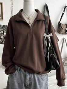 SHEIN 青少年女孩秋季棕色半拉鍊立領 Polo 領長袖抓絨套頭衛衣，秋季上衣保暖冬季休閒日常穿著 - 咖啡棕 - 查看 1