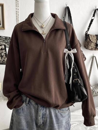 Girlism Teen Girls Sweatshirts Polo Collar Pullover Long Sleeve Sweatshirt, Dropped Shoulder Half-Zip Short Sweatshirt, Coffee Brown Long Sleeve Sweatshirt, Suitable For Daily Fashion Wear, Back To School Outfit