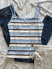 SHEIN 青少年女孩夏季新款條紋休閒修身細肩帶背心 - 彩色 - 查看 2