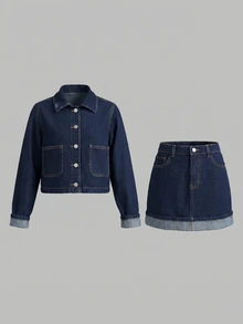 SHEIN 兒童青少年女孩深藍色牛仔短袖襯衫與迷你裙兩件套，適合秋冬夏季休閒上學度假穿著 - 藍色 - 查看 3
