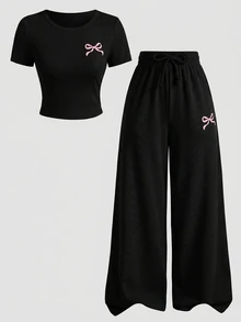 SHEIN 2件/組 青少年女孩針織素色圓領蝴蝶結裝飾休閒T恤與內搭褲套裝 - 黑色 - 查看 2