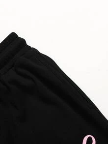 SHEIN 2件/組 青少年女孩針織素色圓領蝴蝶結裝飾休閒T恤與內搭褲套裝 - 黑色 - 查看 4