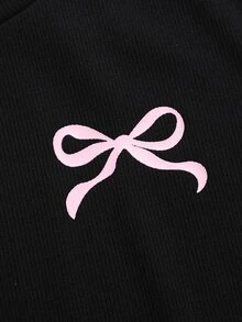 SHEIN 2件/組 青少年女孩針織素色圓領蝴蝶結裝飾休閒T恤與內搭褲套裝 - 黑色 - 查看 5