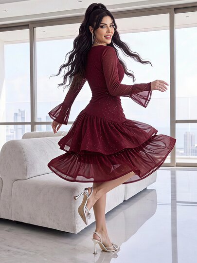 Feyla Women's Elegant Shiny Pleated Waist-Cinching Ruffle Hem Dress Wedding Night Bar Party Dinner Burgundy Autumn