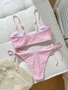 Swim Mod Girls' Striped Tank Top Swimsuit Top And V-Shaped Bikini Bottoms 2 Pieces Set - Pink - View 2