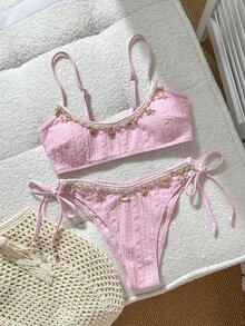 Swim Mod Girls' Striped Tank Top Swimsuit Top And V-Shaped Bikini Bottoms 2 Pieces Set - Pink - View 5