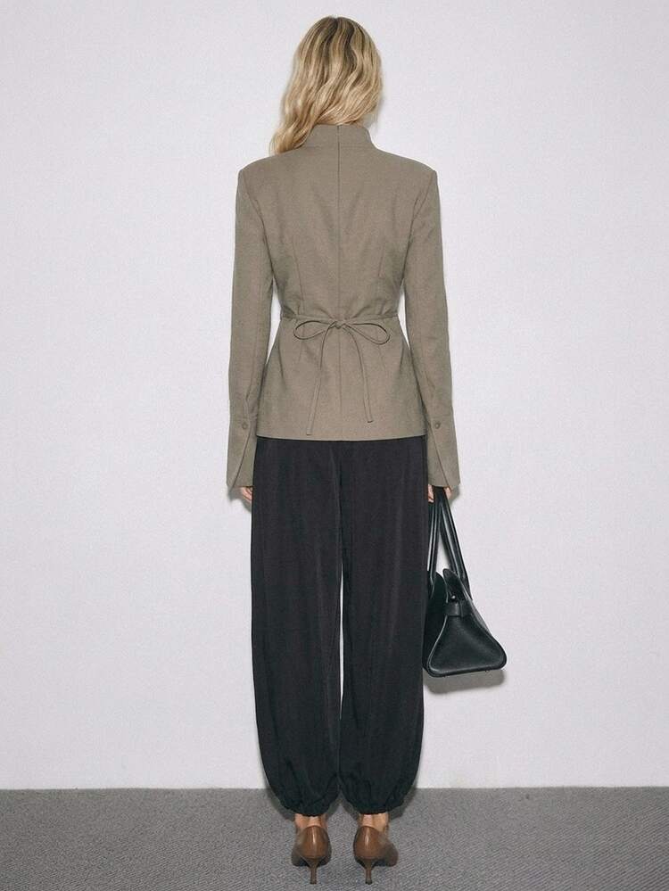 ATUI Studio Women's Ruched Waist Button Down Shirt With Shoulder Pads – Fitted Long Sleeve Blouse, Essential For Fall, Daily & Work - Khaki - View 4