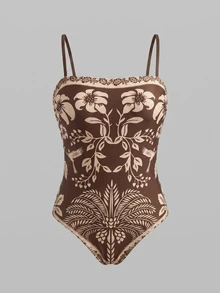 Swim Oasis 女款花卉印花連體泳衣附短褲，棕色夏季熱帶海灘度假風 - 咖啡棕 - 查看 4