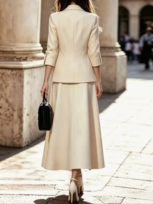 SHEIN Elegant Apricot Suit Set, Long Sleeve Lapel Gold Button Blazer And Apricot Skirt, Commute And Date Outfit - Apricot - View 2