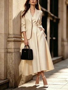 SHEIN Elegant Apricot Suit Set, Long Sleeve Lapel Gold Button Blazer And Apricot Skirt, Commute And Date Outfit - Apricot - View 1