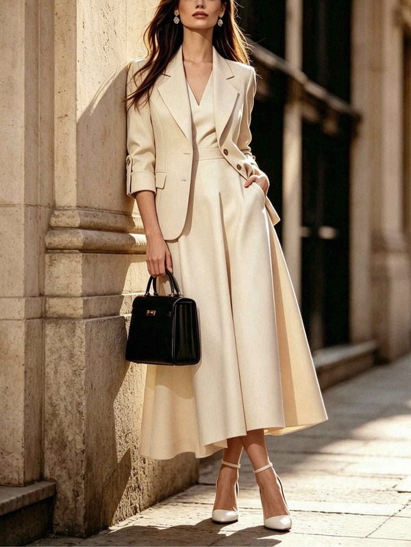 SHEIN Setelan Aprikot Elegan, Blazer Lengan Panjang dengan Kerah Kancing Emas dan Rok Aprikot, Pakaian untuk Perjalanan dan Kencan