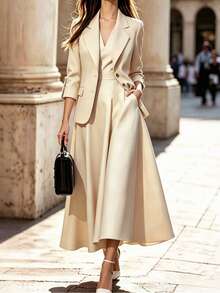 SHEIN Elegant Apricot Suit Set, Long Sleeve Lapel Gold Button Blazer And Apricot Skirt, Commute And Date Outfit - Apricot - View 3