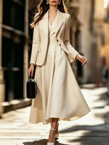 SHEIN Elegant Apricot Suit Set, Long Sleeve Lapel Gold Button Blazer And Apricot Skirt, Commute And Date Outfit - Apricot - View 5