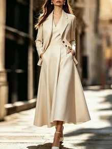 SHEIN Elegant Apricot Suit Set, Long Sleeve Lapel Gold Button Blazer And Apricot Skirt, Commute And Date Outfit - Apricot - View 6