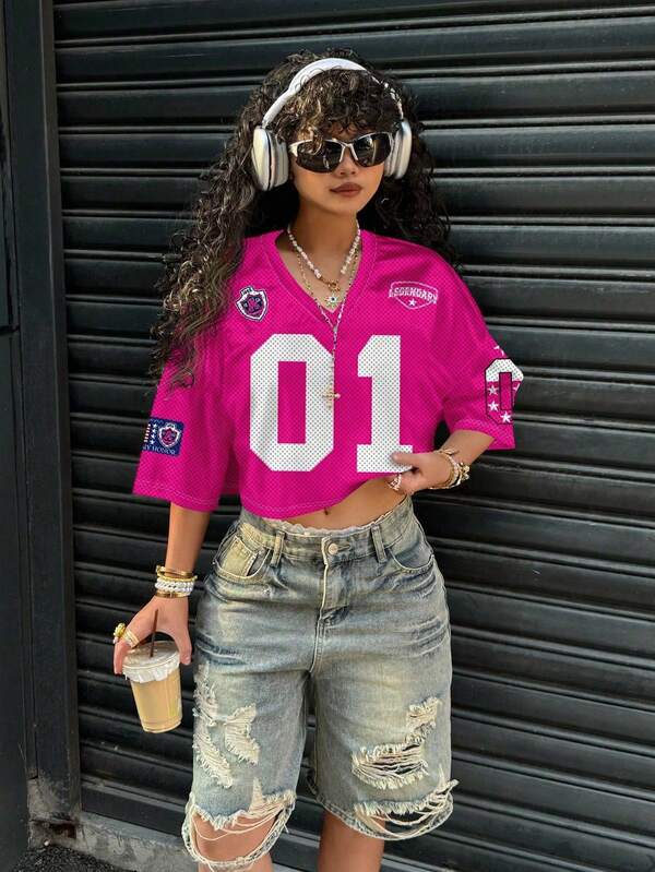 SHEIN EZwear Women's Casual V-Neck Loose Short 5 Sleeve Mesh Fuchsia T-Shirt, Suitable For Summer, Sports, Number 01 Print Back To School Chic