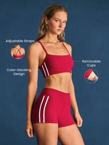 GLOWMODE FeatherFit™ Power Up Colorblock Sports Bra With Contrasting Stripes Removable Cups Adjustable Back Straps Yoga Pilates Studio Daily Active Wear - Red - View 2
