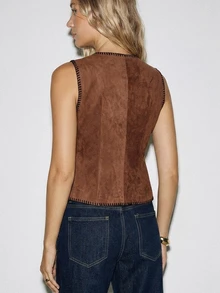 ATUI Studio Women's Contrast Trim Mandarin Button Ruched Waist Top – Stretchy Fitted Blouse, Everyday Essential For Fall, Daily & Work - Brown - View 5