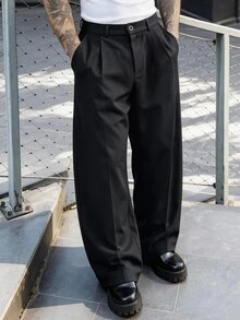 Manfinity Homme 男士黑色西裝長褲，寬鬆休閒百搭時尚西裝褲，適合儀式與正式場合 - 黑色 - 查看 1