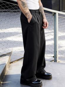 Manfinity Homme 男士黑色西裝長褲，寬鬆休閒百搭時尚西裝褲，適合儀式與正式場合 - 黑色 - 查看 5