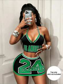 BamGleam Summer New Black & Red Contrast Letter Print Halter Neck Backless Crop Top,American Style Sports Bra,Black And White,Summer,Cow Boy,Rave - Green - View 1