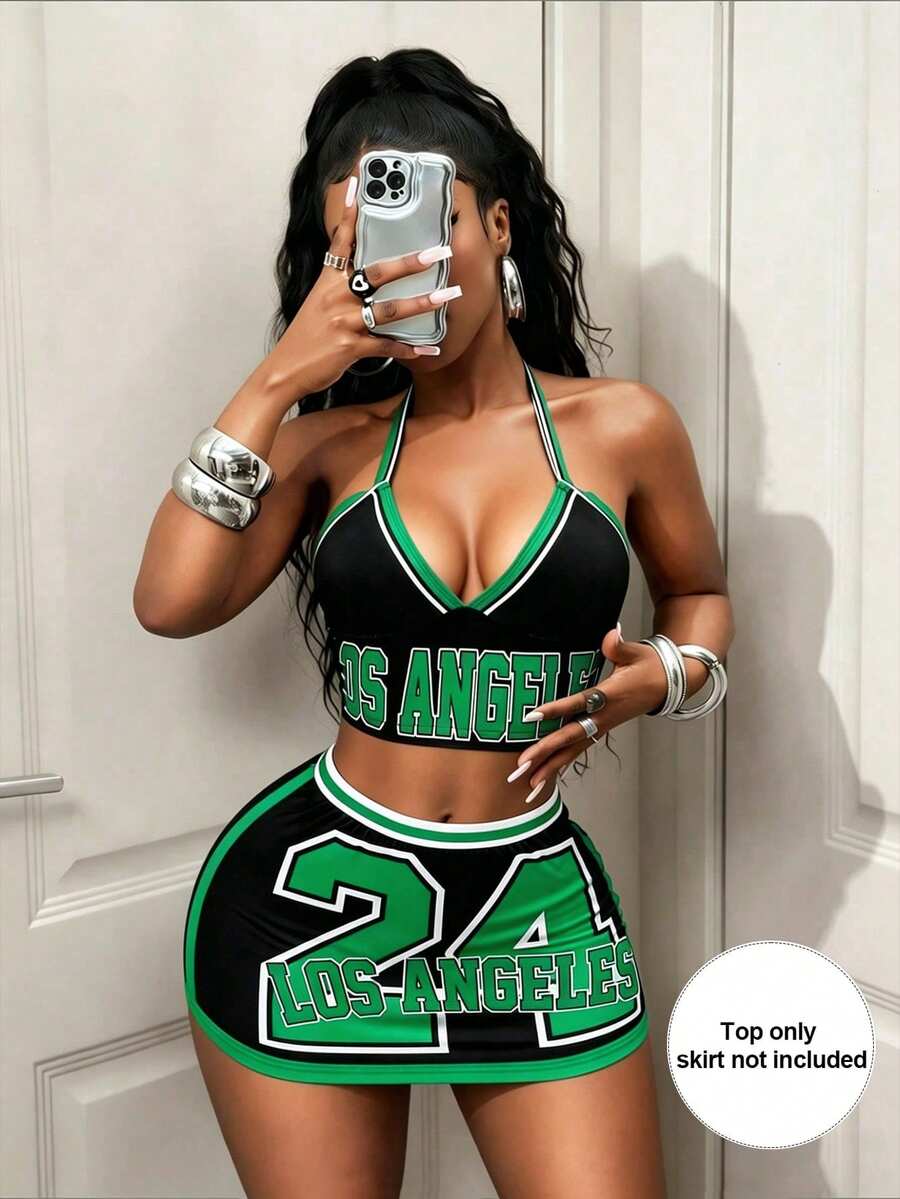 BamGleam Summer New Black & Red Contrast Letter Print Halter Neck Backless Crop Top,American Style Sports Bra,Black And White,Summer,Cow Boy,Rave - Green - View 1
