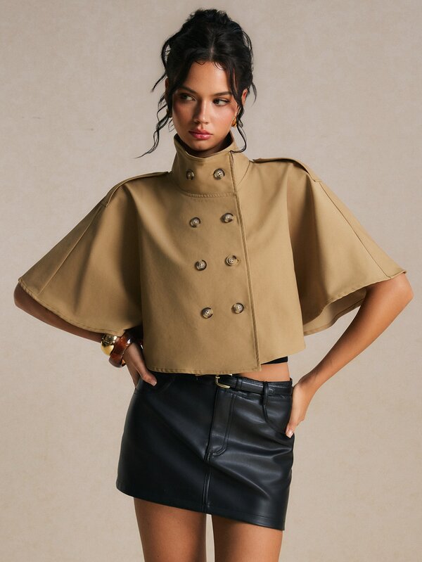 Poéselle Women's Cropped Double Breasted Cape Trench Coat For Women –Elegant Short Sleeve Windbreaker Jacket, Fashion Street Style Outerwear Autumn Outfit,Fal
