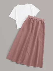 Mulvari Solid Tee & Self Tie Button Front Skirt Fall - Multicolor - View 2