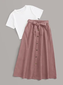Mulvari Solid Tee & Self Tie Button Front Skirt Fall - Multicolor - View 3