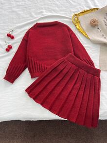 SHEIN 女童燕麥色手工歐根紗蝴蝶結圓領落肩長袖套頭毛衣 + 成套百褶裙，柔軟舒適，適合日常、外出、旅行、度假、居家、托兒所與玩耍 - 酒紅色 - 查看 2