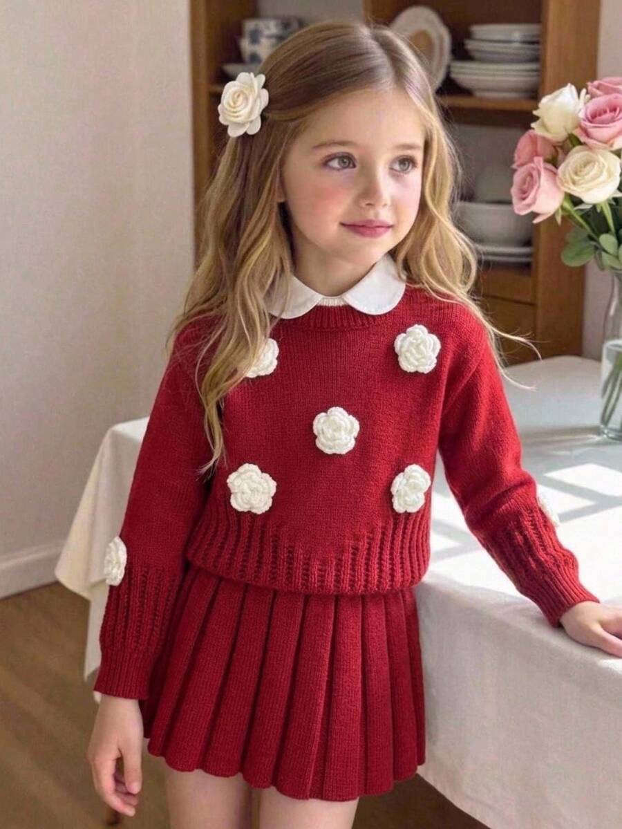 SHEIN 女童燕麥色手工歐根紗蝴蝶結圓領落肩長袖套頭毛衣 + 成套百褶裙,柔軟舒適,適合日常、外出、旅行、度假、居家、托兒所與玩耍 - 酒紅色 - 查看 1