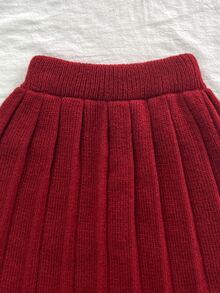 SHEIN 女童燕麥色手工歐根紗蝴蝶結圓領落肩長袖套頭毛衣 + 成套百褶裙，柔軟舒適，適合日常、外出、旅行、度假、居家、托兒所與玩耍 - 酒紅色 - 查看 7