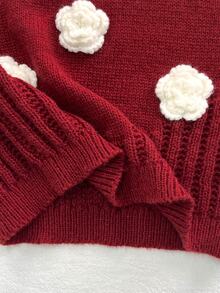 SHEIN 女童燕麥色手工歐根紗蝴蝶結圓領落肩長袖套頭毛衣 + 成套百褶裙，柔軟舒適，適合日常、外出、旅行、度假、居家、托兒所與玩耍 - 酒紅色 - 查看 3