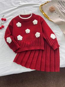 SHEIN 女童燕麥色手工歐根紗蝴蝶結圓領落肩長袖套頭毛衣 + 成套百褶裙，柔軟舒適，適合日常、外出、旅行、度假、居家、托兒所與玩耍 - 酒紅色 - 查看 9