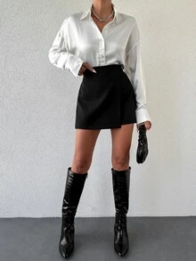 EURMUSE Solid Wrap Front Skort - Black - View 4