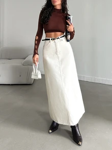 EURMUSE Washed Denim Skirt Without Belt - Beige - View 6