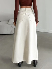 EURMUSE Washed Denim Skirt Without Belt - Beige - View 3