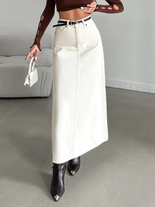 EURMUSE Washed Denim Skirt Without Belt - Beige - View 5