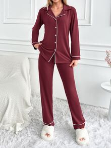 SHEIN Cottnline Women Binding Detail Homewear Pajama Set - Burgundy - View 5