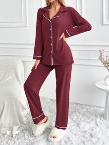 SHEIN Cottnline Women Binding Detail Homewear Pajama Set - Burgundy - View 2