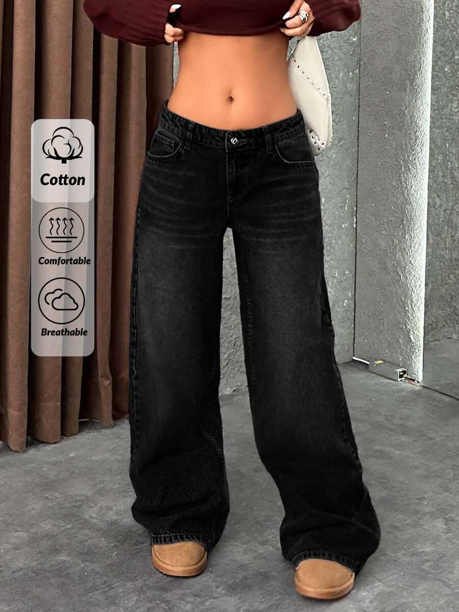 EURMUSE LOW RISE WIDELEG Y2K STYLE GREY JEAN - Black - View 1