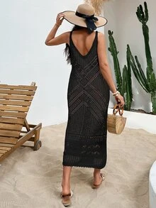 EURMUSE V Neck Ajour Midi Dress With Straps - Black - View 2