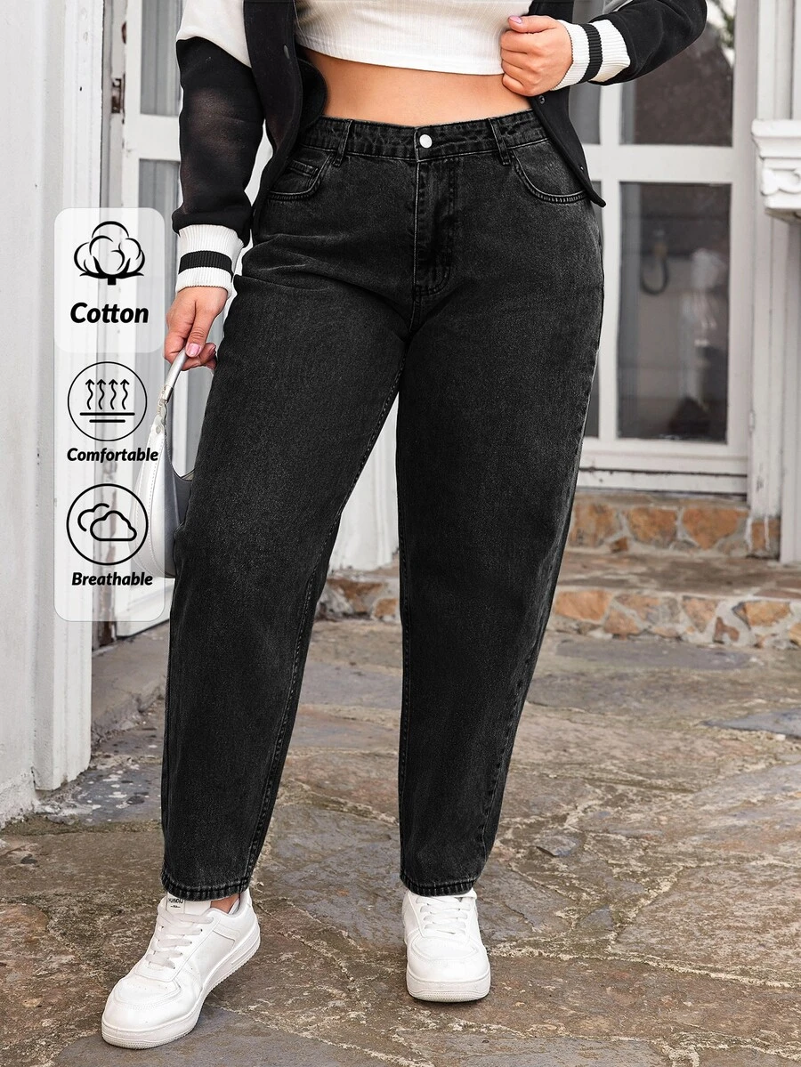 EURMUSE 100Cotton Plus 高腰 Mom Fit 牛仔褲 深色水洗 夏季簡約款