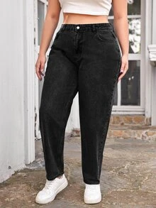 EURMUSE 100Cotton Plus 高腰 Mom Fit 牛仔褲 深色水洗 夏季簡約款 - 黑色 - 查看 6