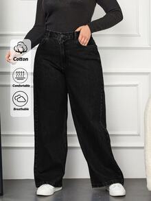 EURMUSE Women's Plus Size Black Straight Leg Jeans - Hitam - View 2