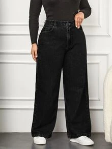 EURMUSE Women's Plus Size Black Straight Leg Jeans - Hitam - View 4