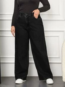 EURMUSE Women's Plus Size Black Straight Leg Jeans - Hitam - View 6
