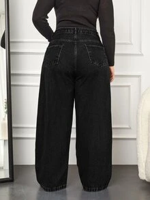 EURMUSE Women's Plus Size Black Straight Leg Jeans - Hitam - View 3