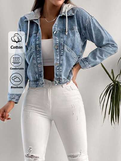 SHEIN Cottnline 100%Cotton Drop Shoulder Drawstring Hooded Denim Jacket